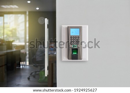 Door access control by Fingerprint Scanner, Facial recognition and Key Card, Security Concept.