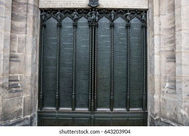 Door of the All Saints church in Wittenberg Germany with the ninety-five theses posted by Martin Luther