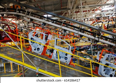 Door Assembly Production One Of Automotive Plant, Car Door Frame Carrying By Conveyor