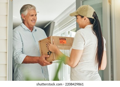 Door Delivery, Courier Box And People For E Commerce Service With Trust, Care And Safe Distribution Industry. Shipping Package In Cardboard Package For Stock Management Or Logistics Home Supply Chain