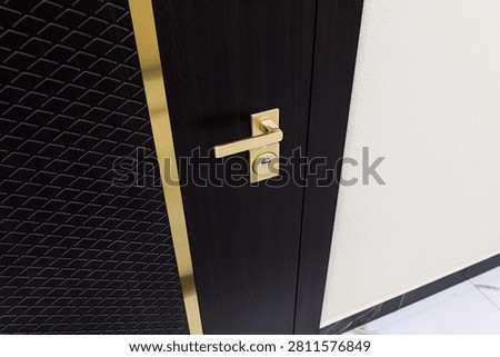 dark‑wood door features textured black panel with diamond pattern, accented by vertical gold trim. polished gold handle and lock complete sleek, modern design