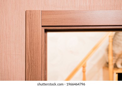 Door Frame With Architrave Of A Brand New Installed Door Into The Bedroom  With Wooden Staircase. Design. Style. Interior. Housing