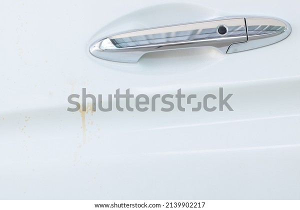 The\
door handle of the car is scratched and coffee stains on white car\
doors, cleaning, painting. Car care and wash\
concept.