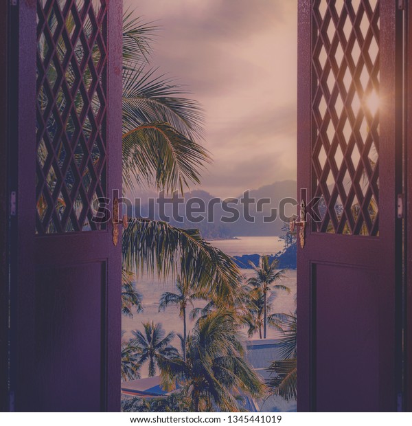 Door to the heaven. Abstract backgrounds with\
tropical landscape