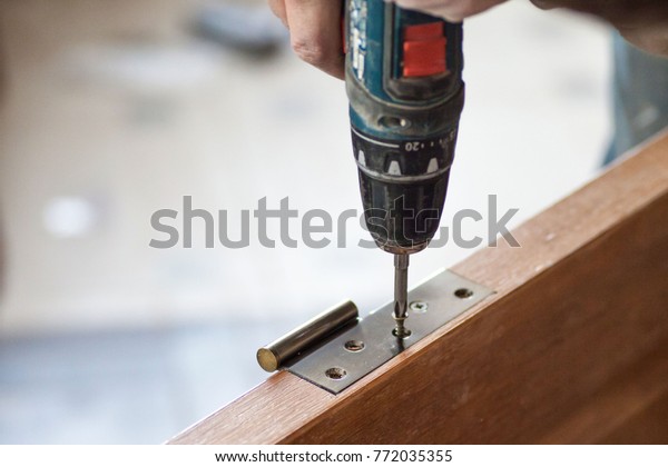 Door Hinge Lies On Door Screwing Stock Photo Edit Now 772035355