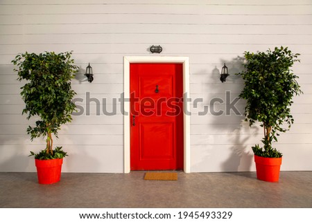 The door of the house and the flowers in front of the door. Red door, plants, red flowerpot