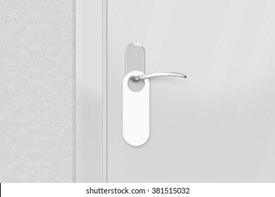 Door Knob With Blank Doorhanger Mock Up. Empty White Flyer Mockup Hang On Doors Handle. Leaflet Design On Entrance Doorknob. Dont Disturb Sign. Door Hanger Clear. Do Not Disturbing Paper Symbol.