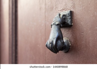 Door Knocker In The Form Of A Hand Holding A Metal Ball, Antique Fittings, Original Accessories