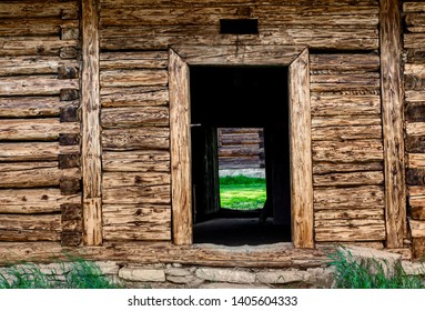 door on old rustic log wall