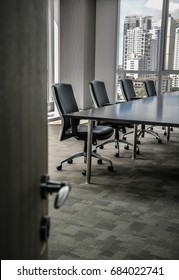 Door Open To Urban Office Meeting Room With City Centre Skyscrapers Background. Job And Business Opportunities. Recuitment And Job Interview Icon.