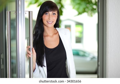 Door Opening Business Student Woman Coming In To Begin New Career