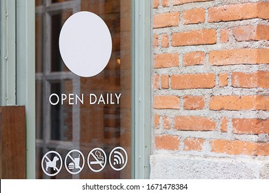 Door Restaurant Entrance On Open Daily Sign Front Broad Through The Window Glass 