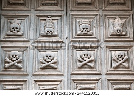 Door with skulls, Purgatory Church, in the Sassi area of Matera, Basilicata, Italy, Europe