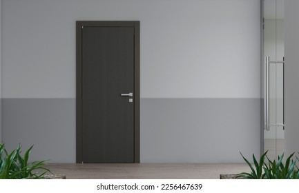 Door with steel door. Door handle on wood oak door panel.