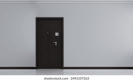 Door with steel door. Door handle on wood black oak door panel.