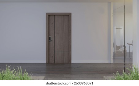 Door way with digital door locking on wooden door panel