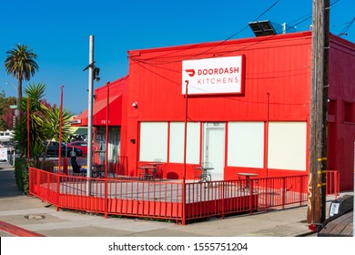 DoorDash Kitchens Storefront. DoorDash Kitchens Is Shared Ghost Kitchen Model Of On-demand Prepared Food Delivery Service - Redwood City, California, USA - October, 2019