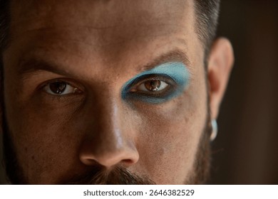Dopamine split. Man with one side in full Y2K color, the other left bare. Split-makeup contrast. Concept of personal expression and breaking gender norms.