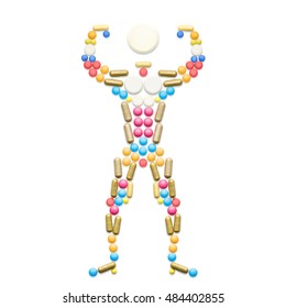 Doping Drugs And Steroid Hormones In The Shape Of A Posing Muscular Bodybuilder.