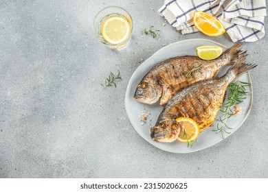 dorado. Whole grilled fish. organic healthy products. Detox and clean diet concept. place for text, top view.