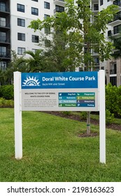 DORAL, FLORIDA - AUGUST 26, 2022: City Of Doral White Course Park Sign At The Entrance Of The Recreational Facility Commemorating The History Of The Doral Country Club Gulf Course In Doral, Florida