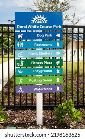 DORAL, FLORIDA - AUGUST 26, 2022: City Of Doral White Course Park Sign At The Entrance Of The Recreational Facility Commemorating The History Of The Doral Country Club Gulf Course In Doral, Florida