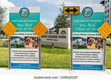 DORAL, FLORIDA - AUGUST 26, 2022: City Of Doral White Course Park Sign At The Entrance Of The Recreational Facility Commemorating The History Of The Doral Country Club Gulf Course In Doral, Florida