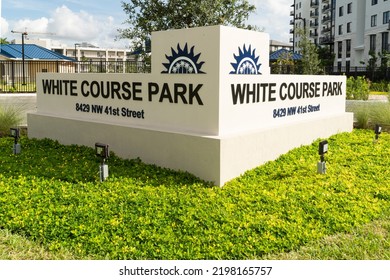 DORAL, FLORIDA - AUGUST 26, 2022: City Of Doral White Course Park Sign At The Entrance Of The Recreational Facility Commemorating The History Of The Doral Country Club Gulf Course In Doral, Florida