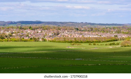 Dorchester, England, Uk - April 15, 2017: A Farmer Rounds Up A Flock Of Sheep In Fields Outside Dorchester In Dorset.