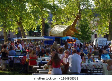 Dordogne, France, Picture Dated 10th Of August 2018. Popular Village Party In South West Of France, Lot Of Animation And Tasty Food To Share Between Tourists And Locals.