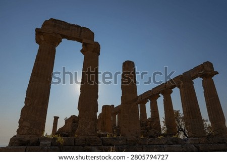 Doric columns of the Juno Temple in the Valley of the Temples. Agrigento, Sicily, Italy