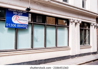 Dorking, Surrey Hills, London UK, June 30 2022, Empty Retail Shop Unit To Rent After High Street Business Failure