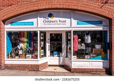 Dorking Surrey Hills UK, July 10 2022, The Childrens Trust High Street Charity Shop