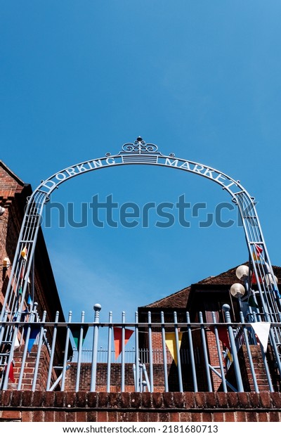 Dorking Surrey Hills UK, July 14 2022, St Martins\
Walk Dorking Market Arch Architectural Feature With No People Under\
a Blue Sky