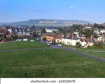 DORKING, SURREY, UK- MARCH 18, 2017:  Box Hill, Highest Summit Of North Downs (background) Cotmandene, Dorking In The Foreground. Picturesque Market Town South Of London On Sunny Spring Day. 