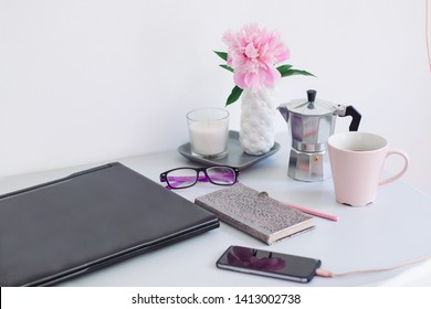 Dorm Room, Table With Stationery And Laptop. Back To School, Ready For Studying.