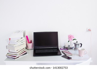 Dorm Room, Table With Stationery And Laptop. Back To School, Ready For Studying.