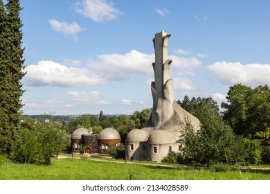 Dornach, Switzerland - August 28. 2021:  The Glass House And The Heating House Among The First Buildings On Goetheanum Hill. Goetheanum Is The Center Of Anthroposophy, Founded By Rudolf Steiner.