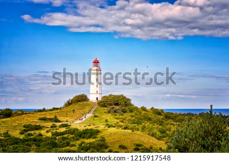 Dornbusch Lighthouse located in the north of the German island of Hiddensee in the Baltic Sea at sunny weather