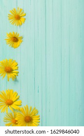 doronicum flowers on painted wooden background - Shutterstock ID 1629846040