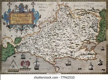 Dorset Old Map, From Atlas Of England And Wales. Created By Christopher Saxton, Published In London, 1579