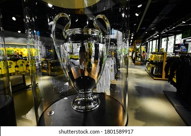 DORTMUND, GERMANY - 12 AUGUST 2020: Signal Iduna Park. Champions League Cup. Background Of UEFA Champions League Final 