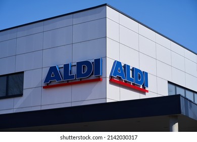 Dortmund, GERMANY - March 23, 2022: Logo of an Aldi branch in Dortmund. Aldi is a supermarket that has stores in many countries around the world. Aldi sign is visible on two sides.