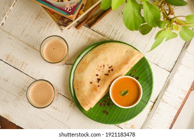 Dosa , Dosai, Ghee Roast, Tomato Coconut Chutney Sambar Popular South Indian Breakfast, Kerala, Tamil Nadu India. Top View Of Masala Dosa Kerala Break