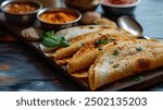 Dosas served on a leaf with chutneys and sambar in an appealing restaurant angle view, professional food photography showcasing traditional Indian cuisine.