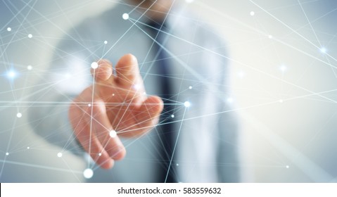 Dot flying network touched by businessman on blurred background 3D rendering - Shutterstock ID 583559632