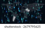 Dotted world map displaying binary code in dashboard, with country labels and Middle East highlight. Technology, cybersecurity, data visualization, digital network, futuristic, innovation, global