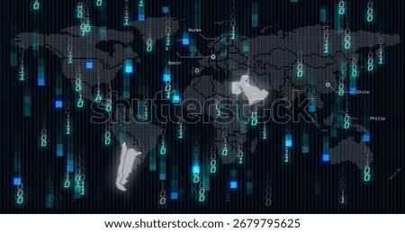 Dotted world map displaying binary code in dashboard, with country labels and Middle East highlight. Technology, cybersecurity, data visualization, digital network, futuristic, innovation, global