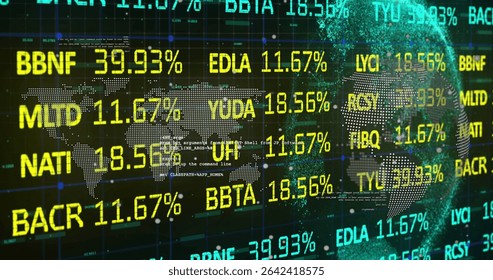 Dotted world map floating left on finance screen, with 3D particle globe, yellow cyan ticker lines. Futuristic, technology, data visualization, digital, virtual, analytical, high-tech