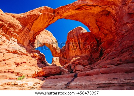Double Arch is a close-set pair of natural arches, one of the more known features of Arches National Park in Utah, United States.